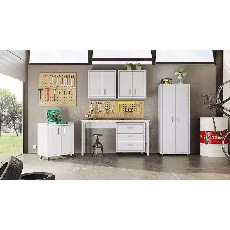 Manhattan Comfort Fortress Set 3 Mobili e Banco da Lavoro Salvaspazio per Garage 1.0 Bianco: Contenitori con Serratura e Ripiani Regolabili