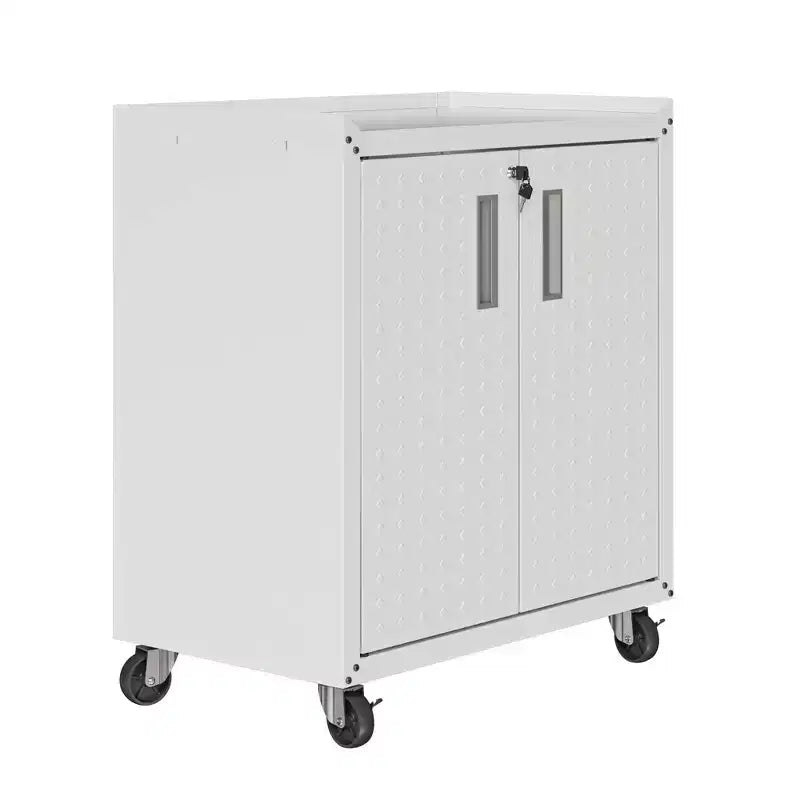 Manhattan Comfort Fortress Set 3 Mobili e Banco da Lavoro Salvaspazio per Garage 1.0 Bianco: Contenitori con Serratura e Ripiani Regolabili