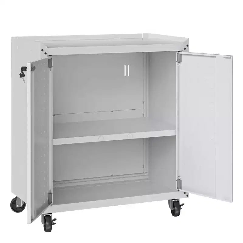 Manhattan Comfort Fortress Set 3 Mobili e Banco da Lavoro Salvaspazio per Garage 1.0 Bianco: Contenitori con Serratura e Ripiani Regolabili