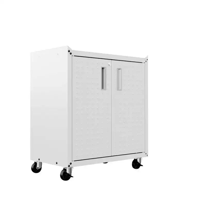 Manhattan Comfort Fortress Set 3 Mobili e Banco da Lavoro Salvaspazio per Garage 1.0 Bianco: Contenitori con Serratura e Ripiani Regolabili
