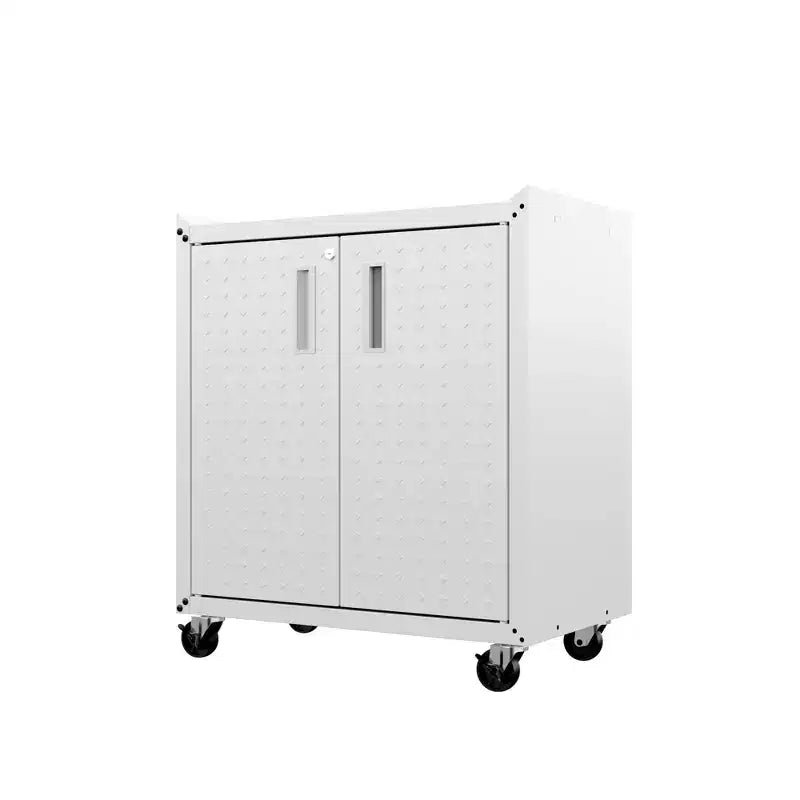 Manhattan Comfort Fortress Set 3 Mobili e Banco da Lavoro Salvaspazio per Garage 1.0 Bianco: Contenitori con Serratura e Ripiani Regolabili