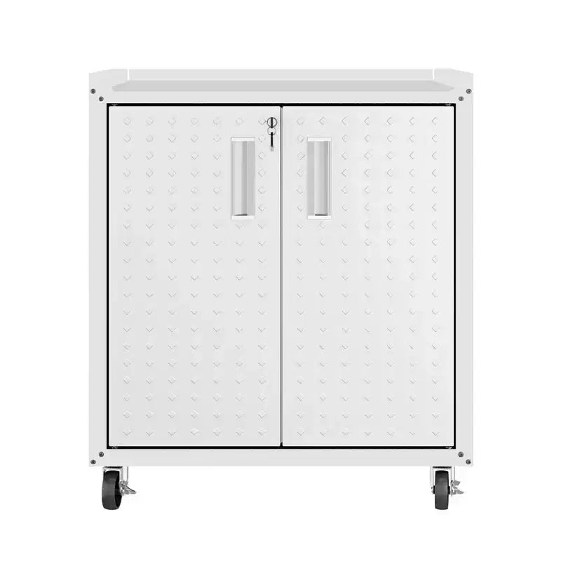 Manhattan Comfort Fortress Set 3 Mobili e Banco da Lavoro Salvaspazio per Garage 1.0 Bianco: Contenitori con Serratura e Ripiani Regolabili