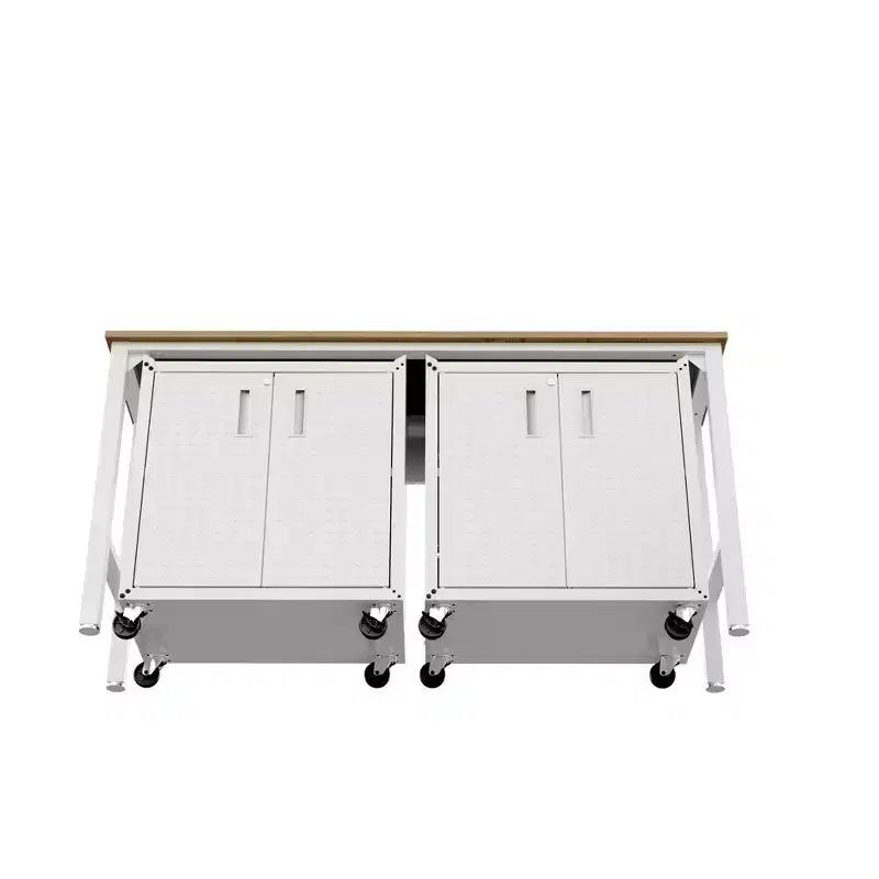 Manhattan Comfort Fortress Set 3 Mobili e Banco da Lavoro Salvaspazio per Garage 1.0 Bianco: Contenitori con Serratura e Ripiani Regolabili