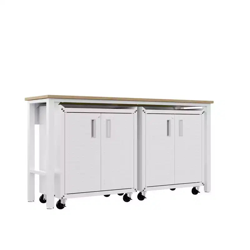 Manhattan Comfort Fortress Set 3 Mobili e Banco da Lavoro Salvaspazio per Garage 1.0 Bianco: Contenitori con Serratura e Ripiani Regolabili