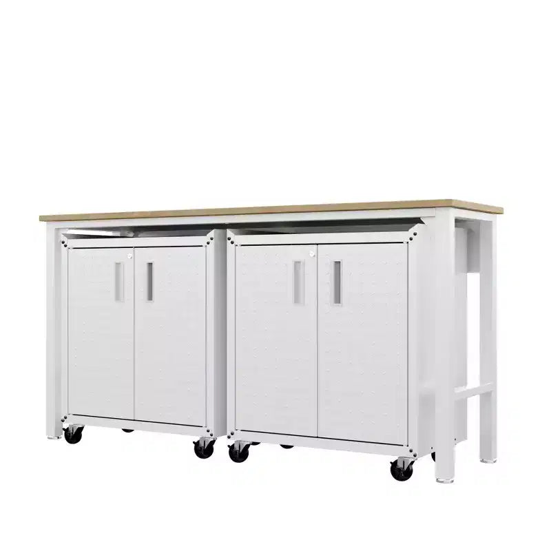 Manhattan Comfort Fortress Set 3 Mobili e Banco da Lavoro Salvaspazio per Garage 1.0 Bianco: Contenitori con Serratura e Ripiani Regolabili
