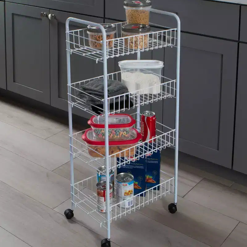 Carrello scorrevole a 4 ripiani Simplify: Contenitore multiuso in acciaio, Bianco, Pulire a chiazze, Montaggio da adulto richiesto