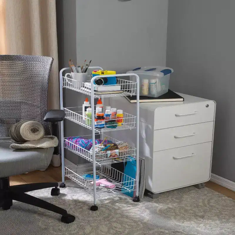 Carrello scorrevole a 4 ripiani Simplify: Contenitore multiuso in acciaio, Bianco, Pulire a chiazze, Montaggio da adulto richiesto