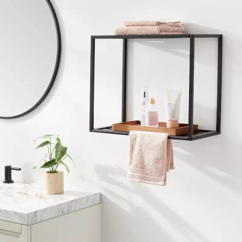 Mensola da parete in metallo nero - Brightroom™: 2 ripiani, scomparti aperti, montaggio senza attrezzi, 37,3 cm H x 46 cm L