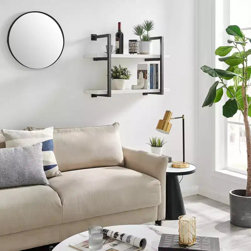 Mensola a parete moderna a 2 livelli con staffe sospese, 31.5" x 22.5", Betulla Bianca - Danya B.: Elegante contenitore, Metallo MDF