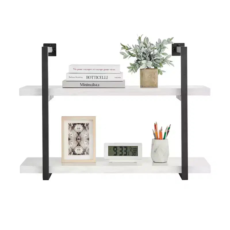 Mensola a parete moderna a 2 livelli con staffe sospese, 31.5" x 22.5", Betulla Bianca - Danya B.: Elegante contenitore, Metallo MDF