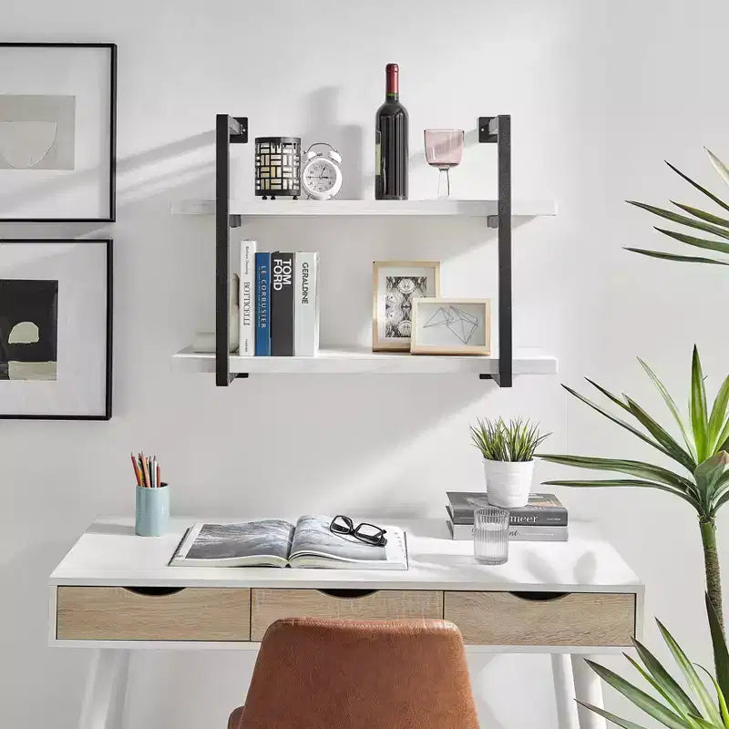 Mensola a parete moderna a 2 livelli con staffe sospese, 31.5" x 22.5", Betulla Bianca - Danya B.: Elegante contenitore, Metallo MDF