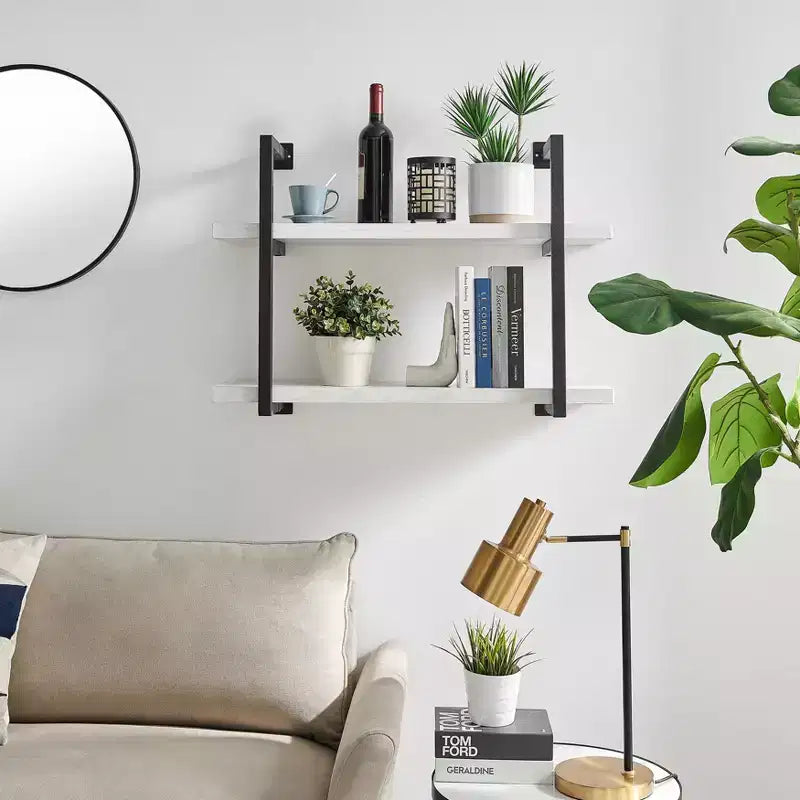 Mensola a parete moderna a 2 livelli con staffe sospese, 31.5" x 22.5", Betulla Bianca - Danya B.: Elegante contenitore, Metallo MDF