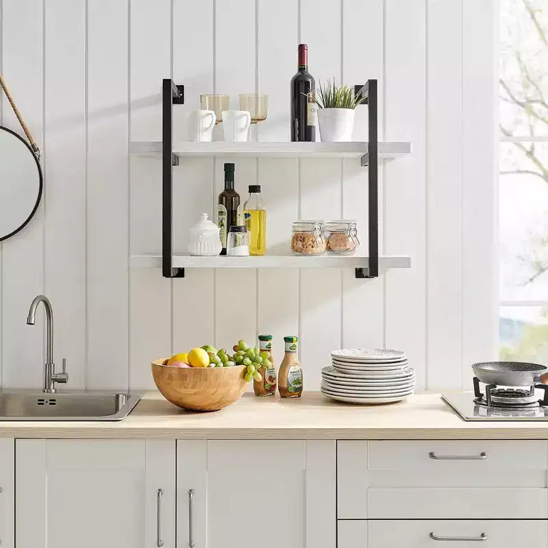 Mensola a parete moderna a 2 livelli con staffe sospese, 31.5" x 22.5", Betulla Bianca - Danya B.: Elegante contenitore, Metallo MDF