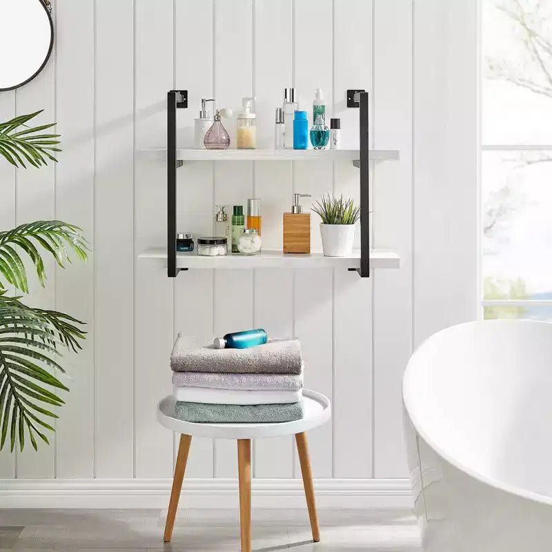 Mensola a parete moderna a 2 livelli con staffe sospese, 31.5" x 22.5", Betulla Bianca - Danya B.: Elegante contenitore, Metallo MDF