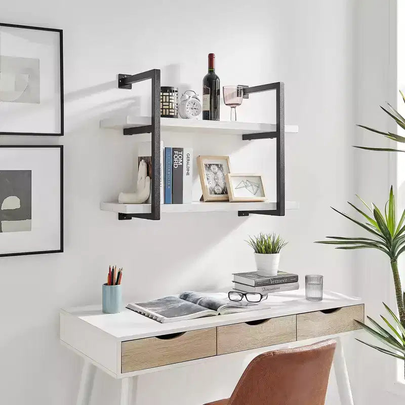 Mensola a parete moderna a 2 livelli con staffe sospese, 31.5" x 22.5", Betulla Bianca - Danya B.: Elegante contenitore, Metallo MDF