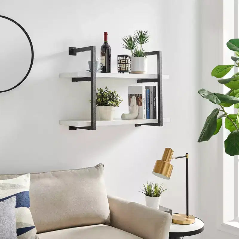 Mensola a parete moderna a 2 livelli con staffe sospese, 31.5" x 22.5", Betulla Bianca - Danya B.: Elegante contenitore, Metallo MDF