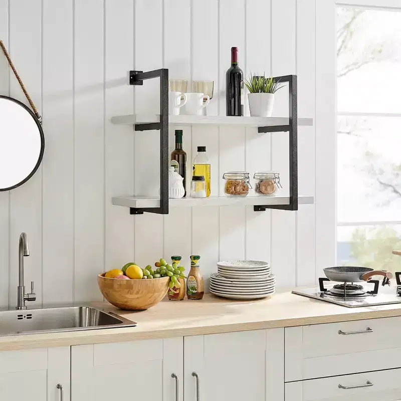 Mensola a parete moderna a 2 livelli con staffe sospese, 31.5" x 22.5", Betulla Bianca - Danya B.: Elegante contenitore, Metallo MDF