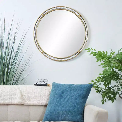 Specchio da parete in metallo 26"x26" con perline in legno bianco Oro - Olivia & May: Arredamento Glamour di Lusso, Nessun Montaggio Richiesto