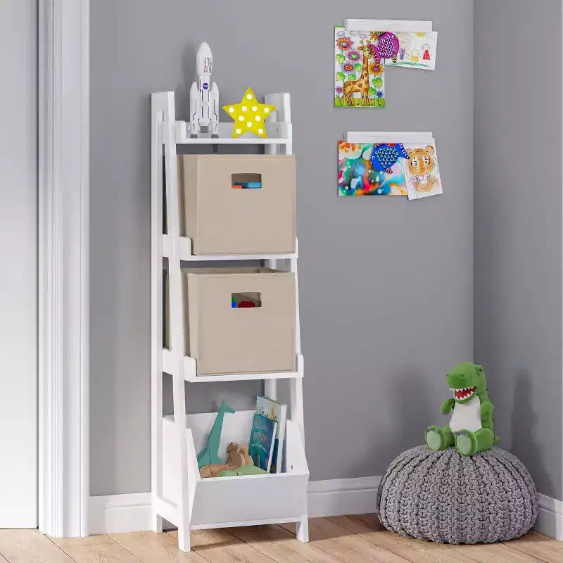 RiverRidge Kids - Scaffale a scala a 4 ripiani da 33 cm per giocattoli e libri, con 3 ripiani a giorno, colore bianco