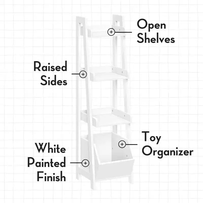 RiverRidge Kids - Scaffale a scala a 4 ripiani da 33 cm per giocattoli e libri, con 3 ripiani a giorno, colore bianco