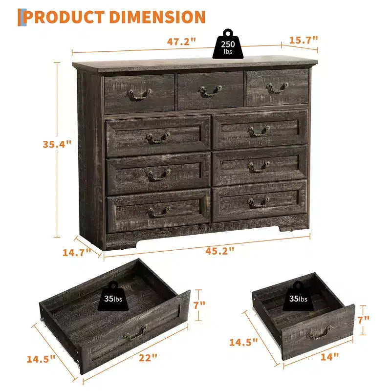 Comò ampio a 9 cassetti da 47 pollici in legno, con texture naturale e maniglie floreali dorate vintage, mobile contenitore in stile rustico per corridoio
