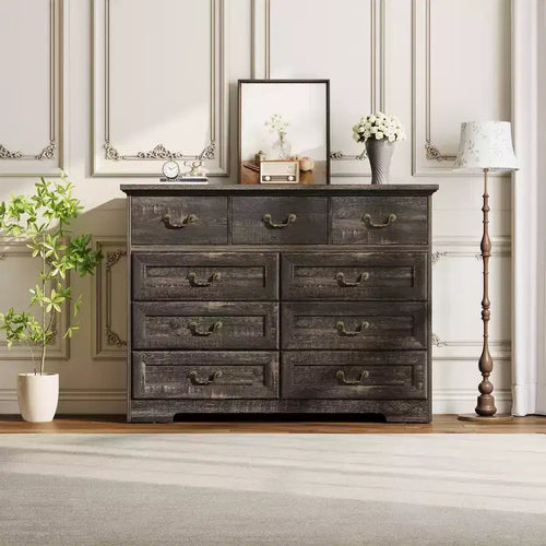 47 in 9-Drawer Wide Dressers Wood Vintage Chest of Drawers with Natural Texture and Vintage Gold Floral Handles, Farmhouse Storage for Hallway