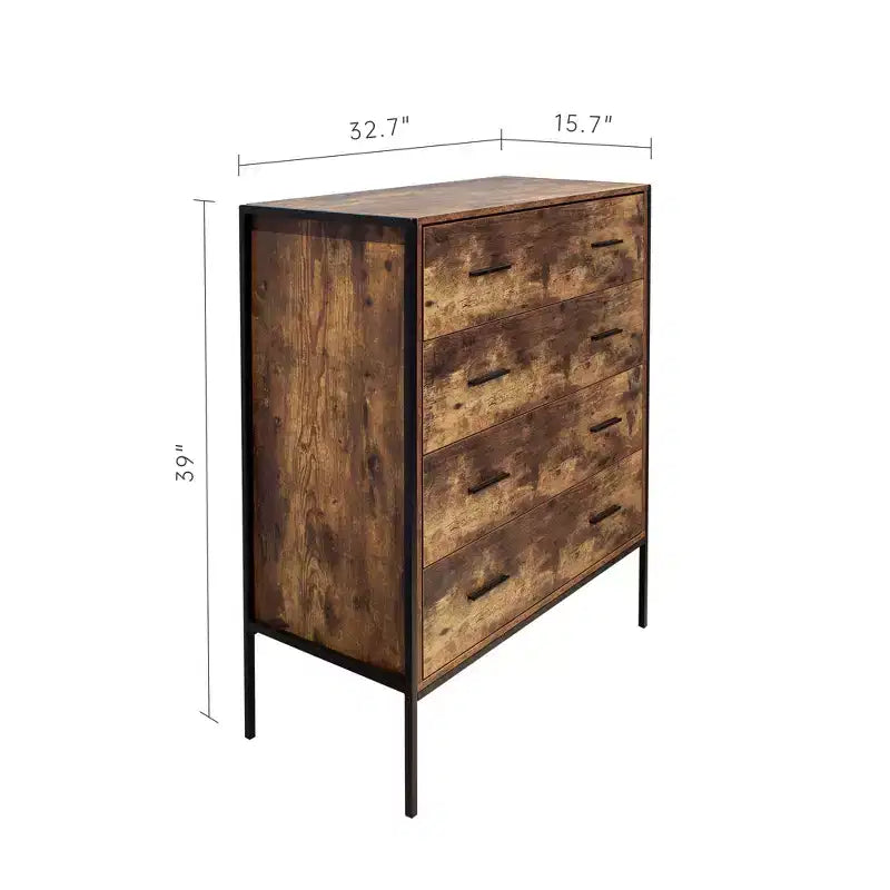 Cassettiera a 4 cassetti per camera da letto, cassettiera industriale verticale con struttura in acciaio, cassettiera retrò in legno per soggiorno, appartamento, corridoio