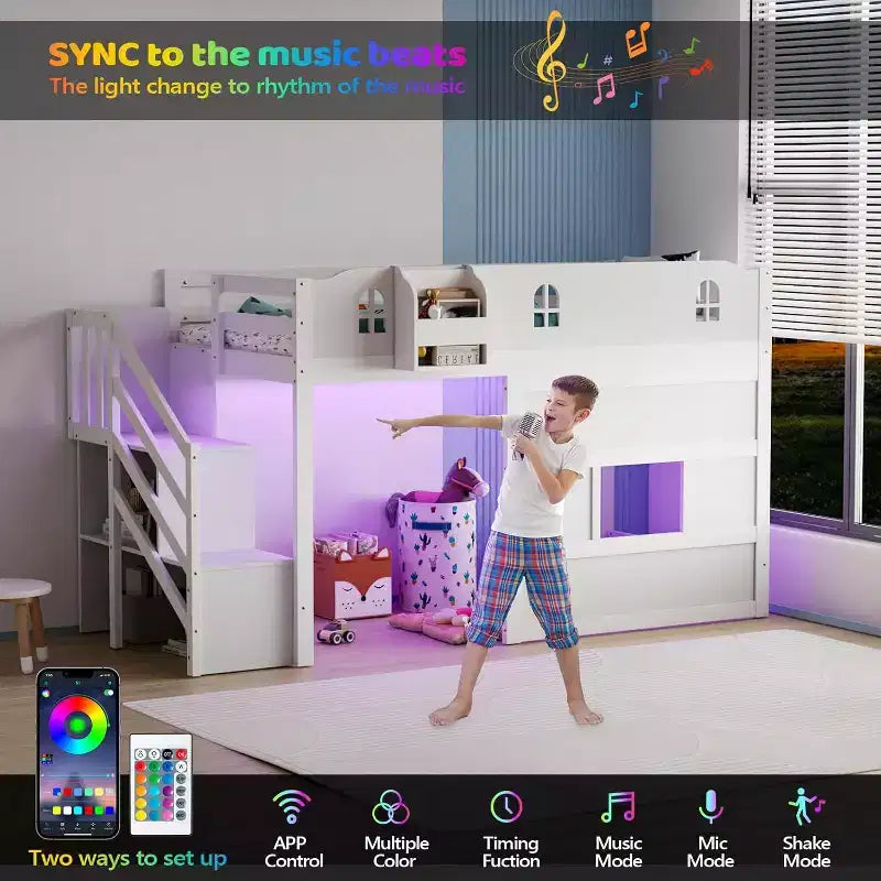 JOYMOR Letto a Soppalco Basso con Luce a LED, Letto a Soppalco Singolo con Sponda di Sicurezza a Castello e Finestra, Scala e Libreria, Controllo Smart Tramite APP