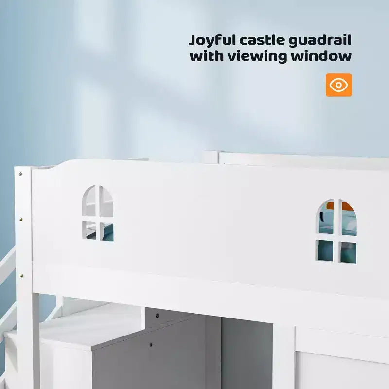 JOYMOR Letto a Soppalco Basso con Luce a LED, Letto a Soppalco Singolo con Sponda di Sicurezza a Castello e Finestra, Scala e Libreria, Controllo Smart Tramite APP