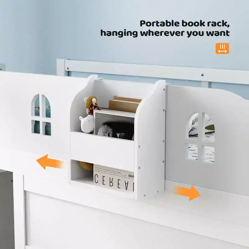 JOYMOR Letto a Soppalco Basso con Luce a LED, Letto a Soppalco Singolo con Sponda di Sicurezza a Castello e Finestra, Scala e Libreria, Controllo Smart Tramite APP