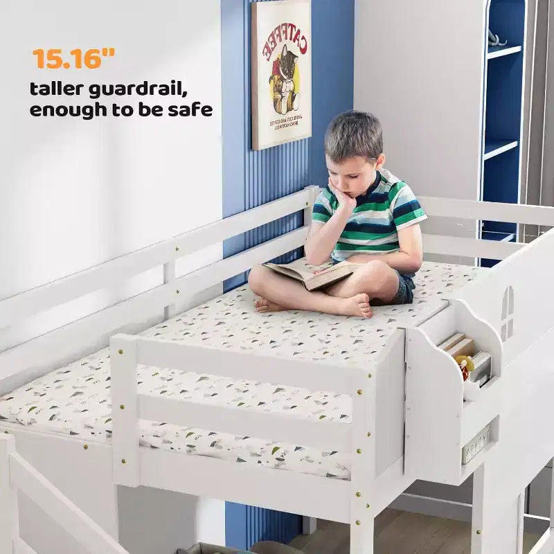 JOYMOR Letto a Soppalco Basso con Luce a LED, Letto a Soppalco Singolo con Sponda di Sicurezza a Castello e Finestra, Scala e Libreria, Controllo Smart Tramite APP