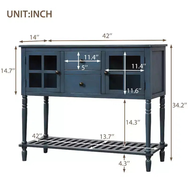 Tavolo da ingresso Okak Farmhouse con ripiano inferiore, Consolle con 2 cassetti e 2 ante in vetro, Tavolo da ingresso per soggiorno, ingresso, corridoio