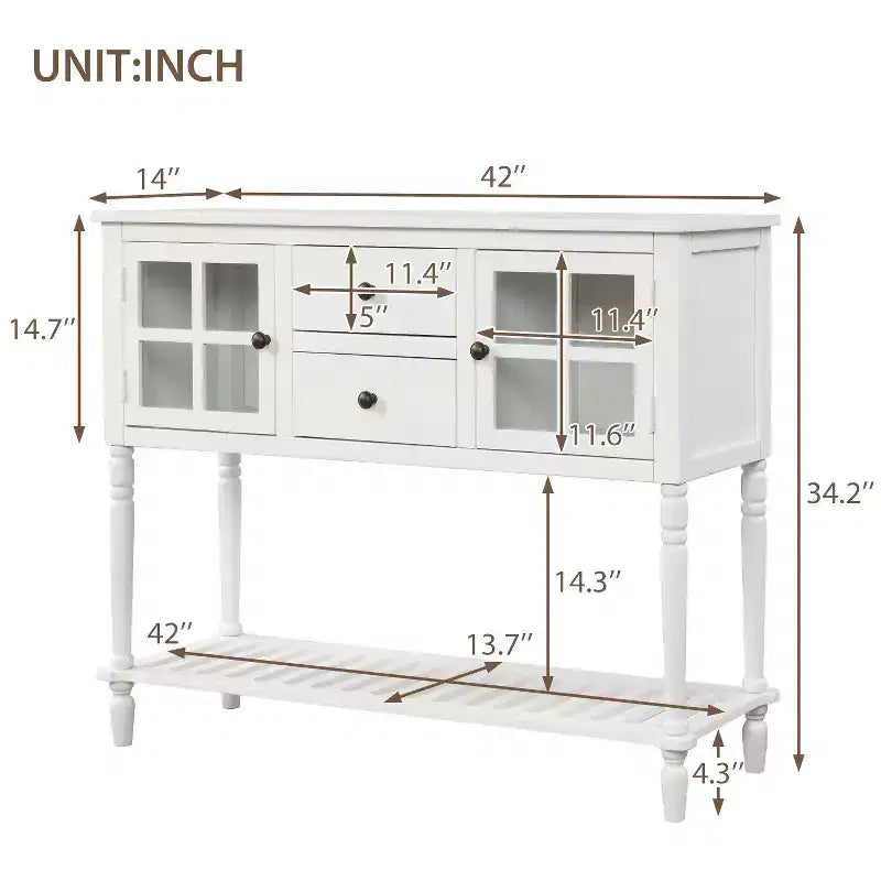 Tavolo da ingresso Okak Farmhouse con ripiano inferiore, Consolle con 2 cassetti e 2 ante in vetro, Tavolo da ingresso per soggiorno, ingresso, corridoio
