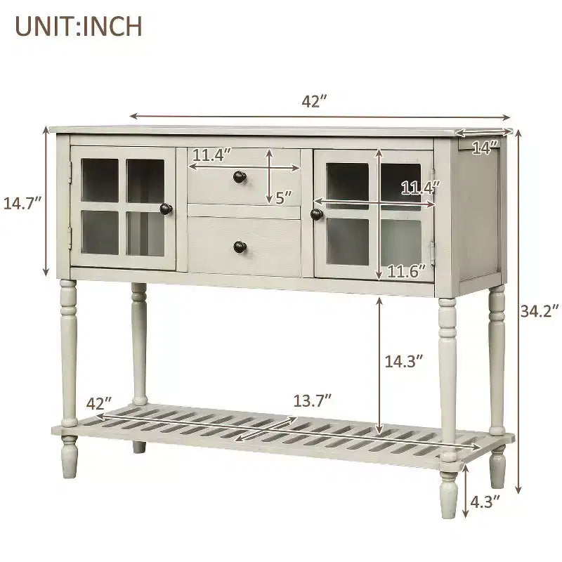 Tavolo da ingresso Okak Farmhouse con ripiano inferiore, Consolle con 2 cassetti e 2 ante in vetro, Tavolo da ingresso per soggiorno, ingresso, corridoio