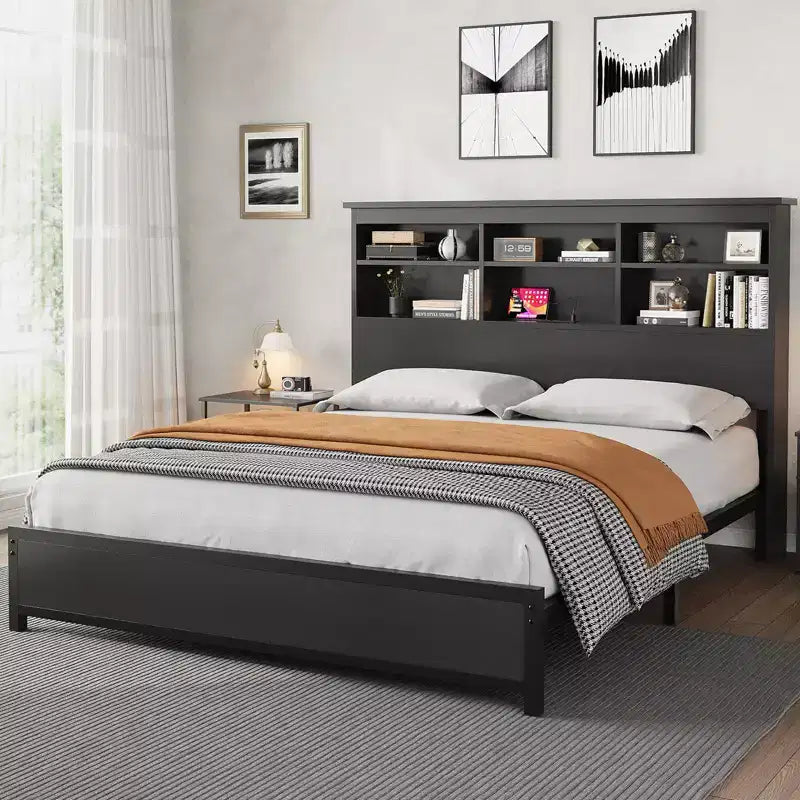 Bed Frame with 2 Tier Bookcase Storage and High Headboard, No Box Spring Needed Easy Assemble Black Mattress Frame