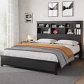 Bed Frame with 2 Tier Bookcase Storage and High Headboard, No Box Spring Needed Easy Assemble Black Mattress Frame