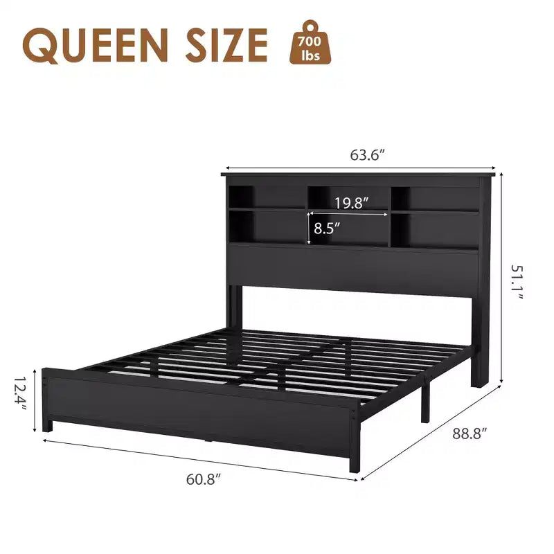 Struttura letto con libreria a 2 ripiani e testiera alta, non necessita di box spring, facile da montare, telaio nero per materasso