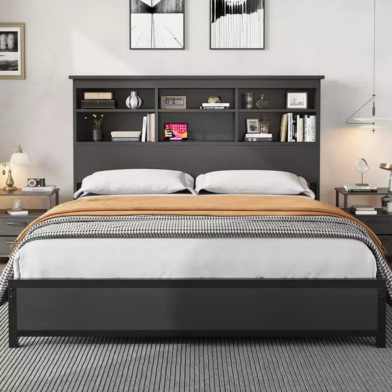 Struttura letto con libreria a 2 ripiani e testiera alta, non necessita di box spring, facile da montare, telaio nero per materasso