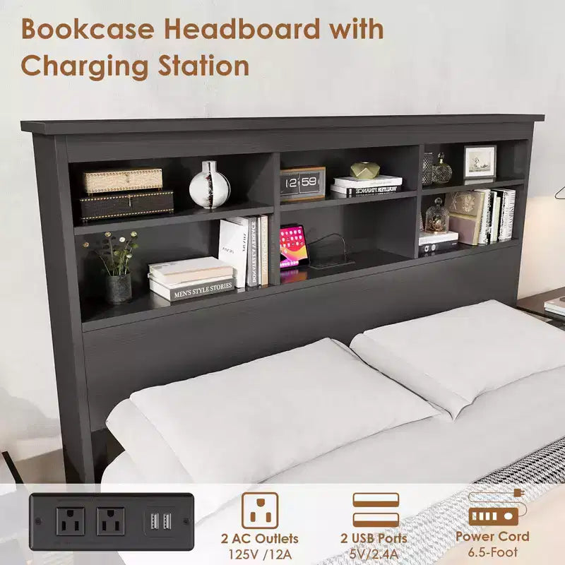 Struttura letto con libreria a 2 ripiani e testiera alta, non necessita di box spring, facile da montare, telaio nero per materasso