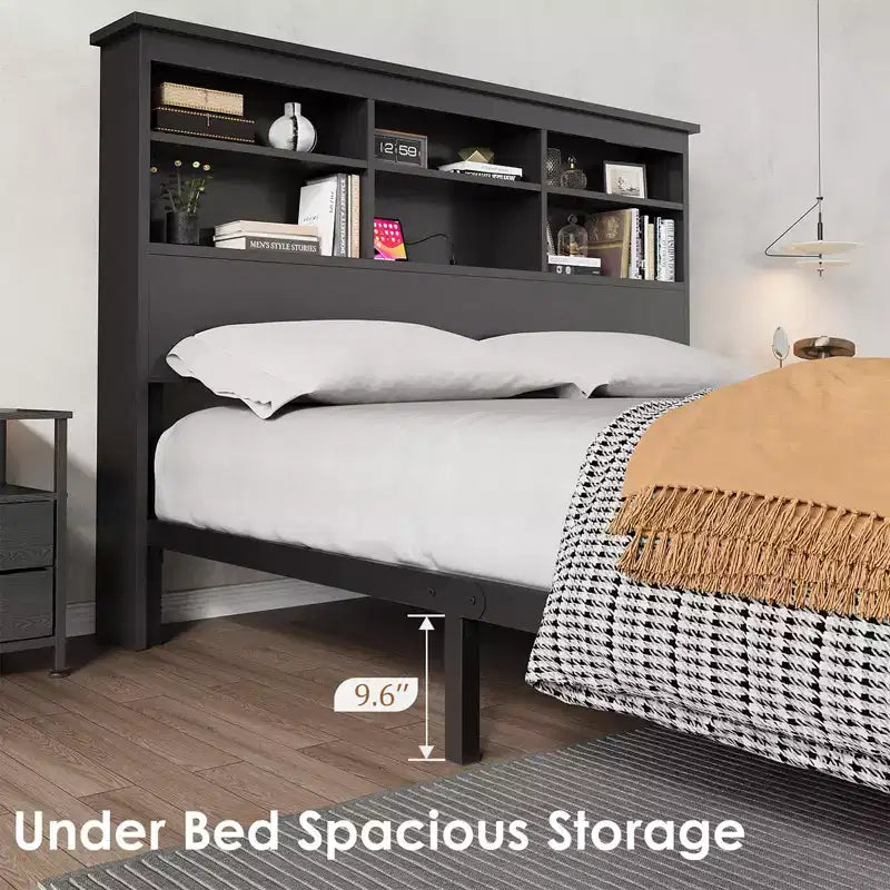 Struttura letto con libreria a 2 ripiani e testiera alta, non necessita di box spring, facile da montare, telaio nero per materasso
