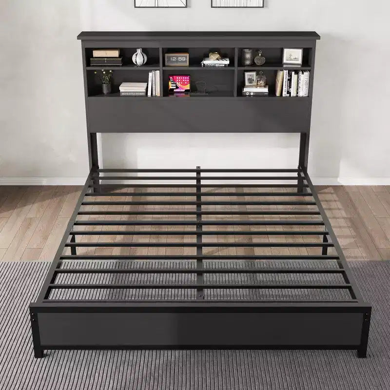 Struttura letto con libreria a 2 ripiani e testiera alta, non necessita di box spring, facile da montare, telaio nero per materasso