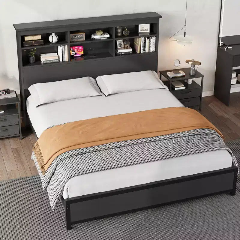 Struttura letto con libreria a 2 ripiani e testiera alta, non necessita di box spring, facile da montare, telaio nero per materasso