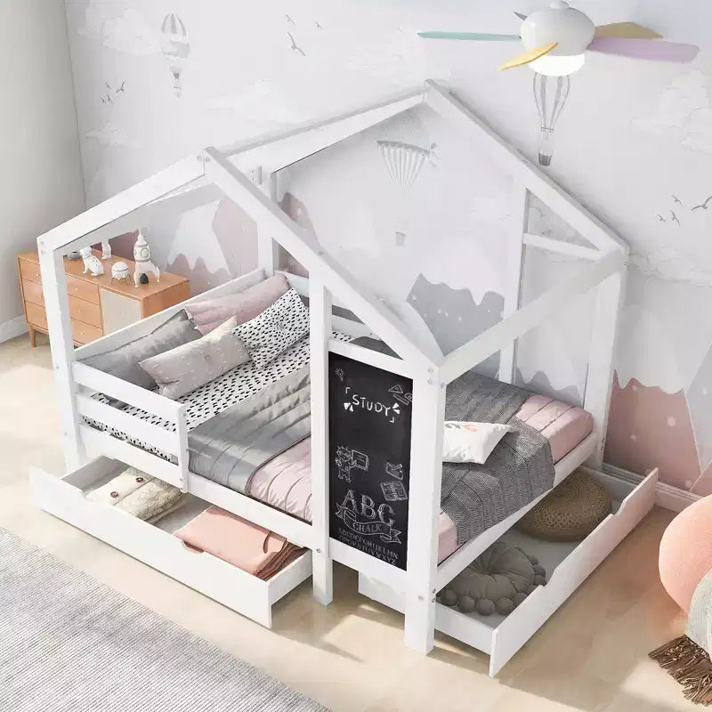 Bellemave - Letto a casetta singolo/una piazza e mezza con lavagna e cassetti, letto a soppalco convertibile per bambini per giocare e dormire, bianco