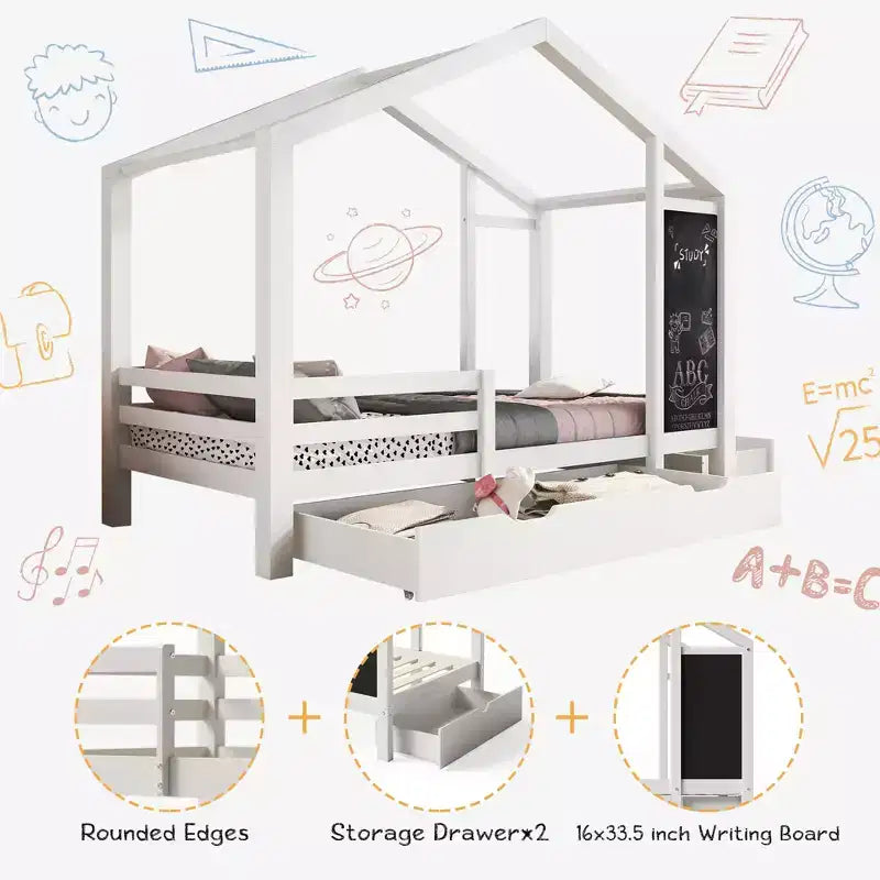 Bellemave - Letto a casetta singolo/una piazza e mezza con lavagna e cassetti, letto a soppalco convertibile per bambini per giocare e dormire, bianco