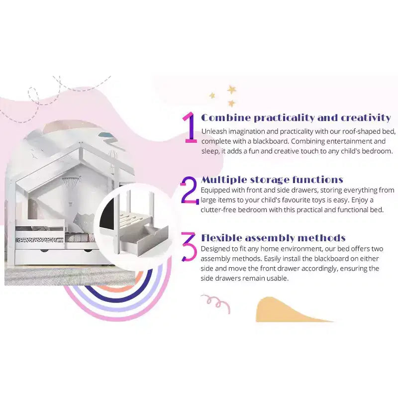 Bellemave - Letto a casetta singolo/una piazza e mezza con lavagna e cassetti, letto a soppalco convertibile per bambini per giocare e dormire, bianco