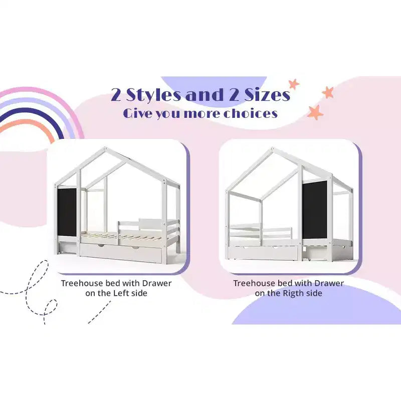 Bellemave - Letto a casetta singolo/una piazza e mezza con lavagna e cassetti, letto a soppalco convertibile per bambini per giocare e dormire, bianco