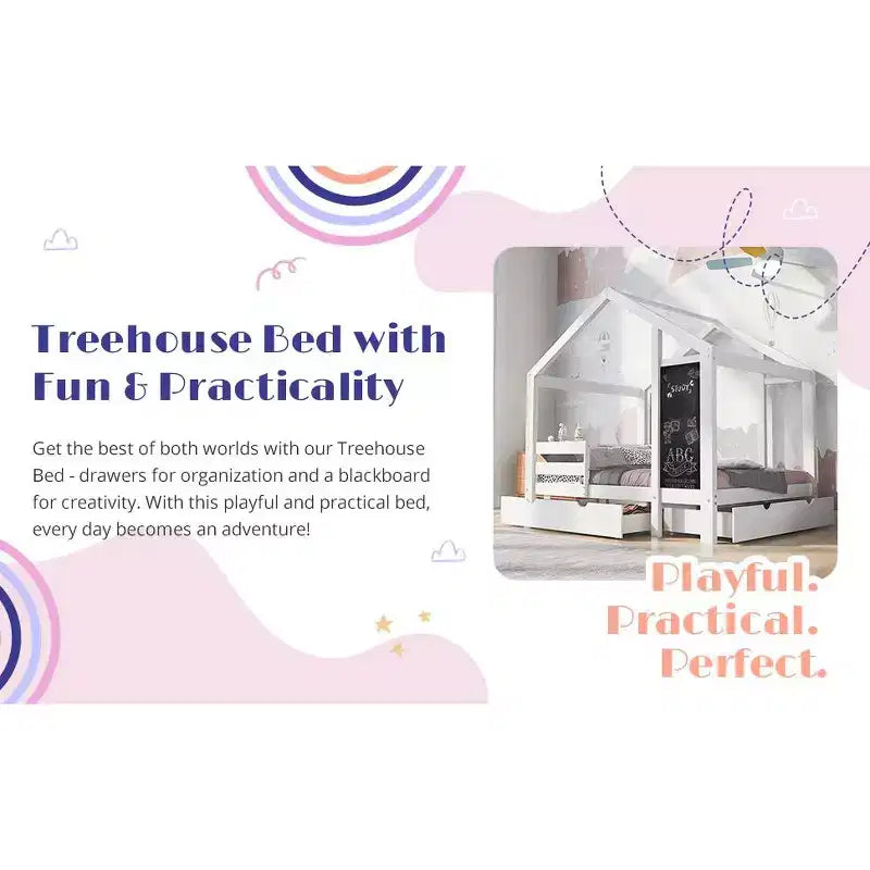 Bellemave - Letto a casetta singolo/una piazza e mezza con lavagna e cassetti, letto a soppalco convertibile per bambini per giocare e dormire, bianco