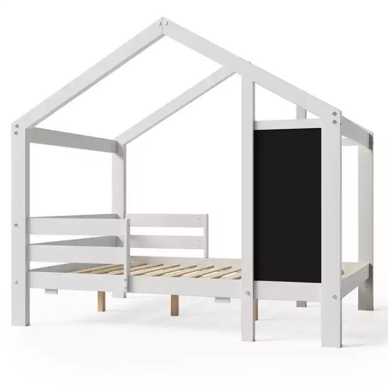 Bellemave - Letto a casetta singolo/una piazza e mezza con lavagna e cassetti, letto a soppalco convertibile per bambini per giocare e dormire, bianco
