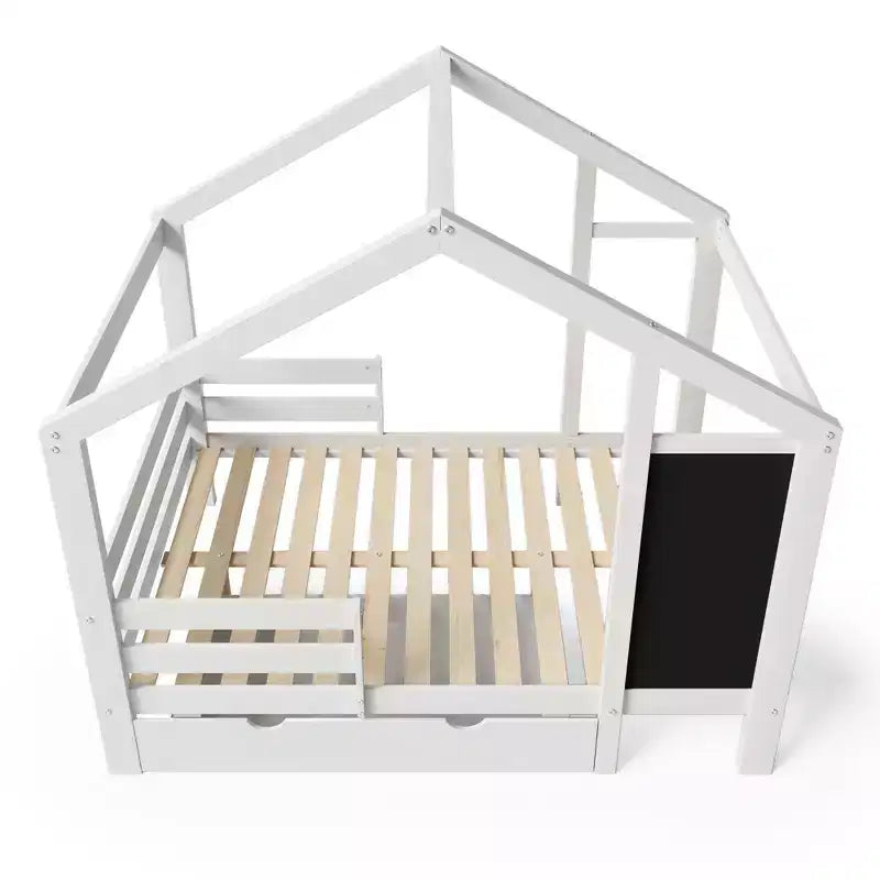 Bellemave - Letto a casetta singolo/una piazza e mezza con lavagna e cassetti, letto a soppalco convertibile per bambini per giocare e dormire, bianco