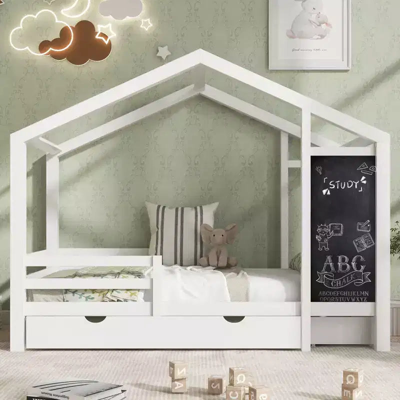 Bellemave - Letto a casetta singolo/una piazza e mezza con lavagna e cassetti, letto a soppalco convertibile per bambini per giocare e dormire, bianco